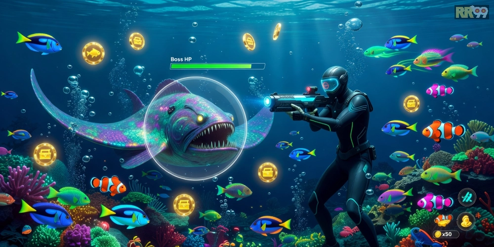 Hình minh họa trò chơi bắn cá đổi thưởng rr99 với giao diện sống động và phần thưởng hấp dẫn