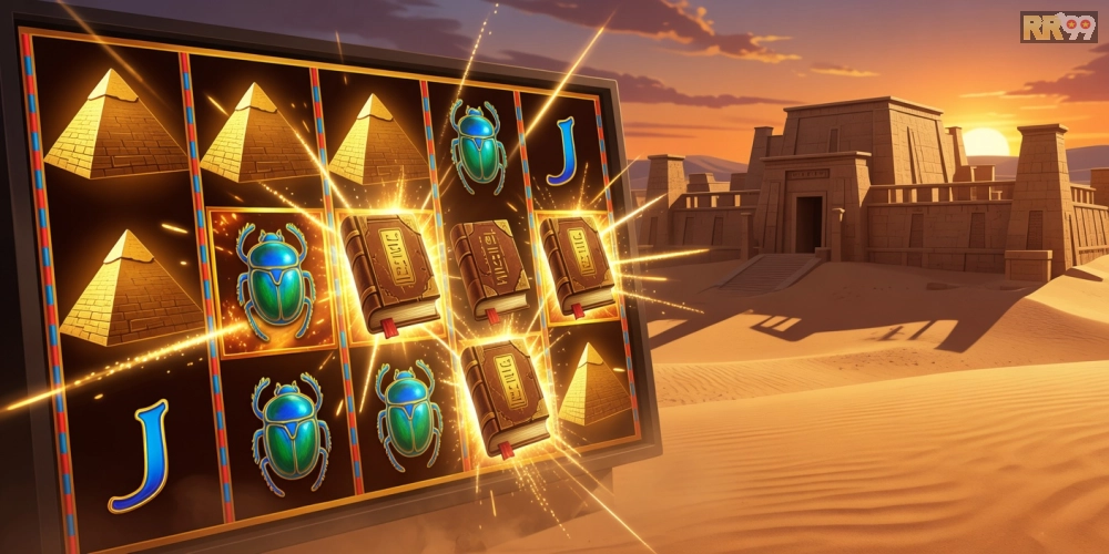 Hình ảnh slot Book of Ra Deluxe với biểu tượng Ai Cập huyền bí trên rr99