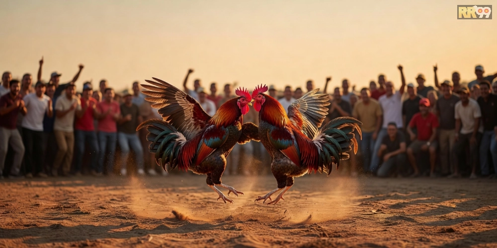 Minh họa khái niệm đá gà chọi rr99 với hình ảnh chiến kê trên nền sân đấu truyền thống