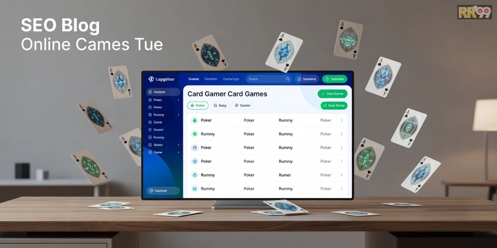 Hình minh họa khái niệm game bài uy tín rr99 với giao diện nền tảng an toàn và các lá bài đa dạng