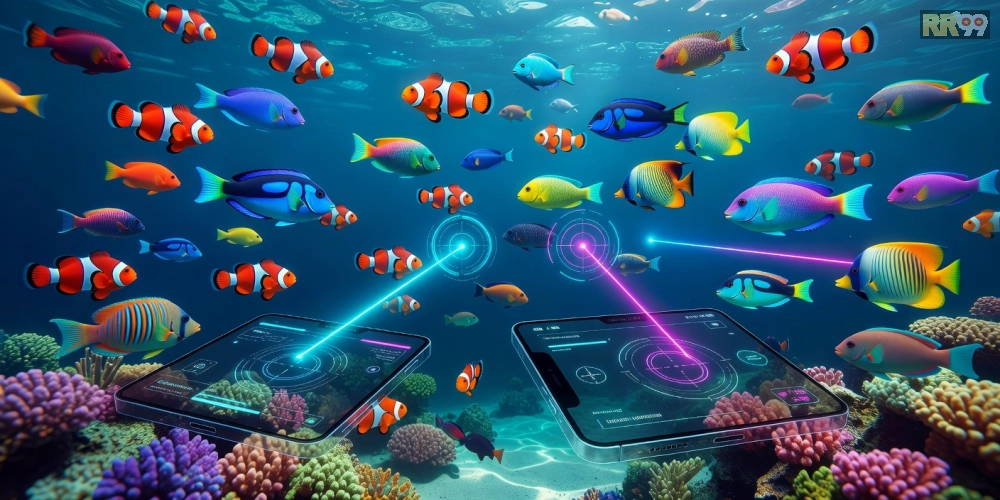 Minh họa giao diện game bắn cá online rr99 với cá bơi lội sôi động