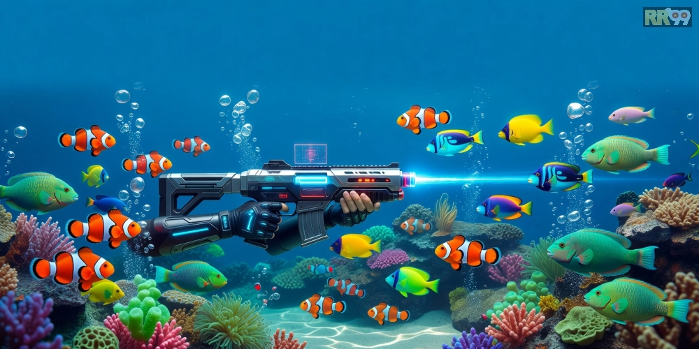 Minh họa giao diện game bắn cá rr99 với cá đa dạng và súng hiện đại