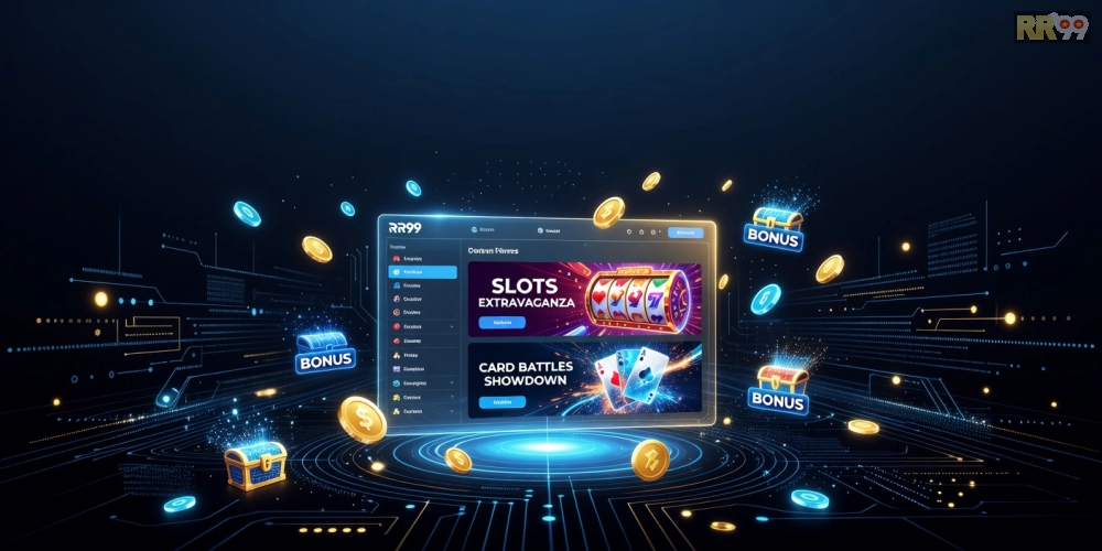 Minh họa khái niệm game khuyến mãi rr99 với giao diện nền tảng hiện đại và các ưu đãi nổi bật