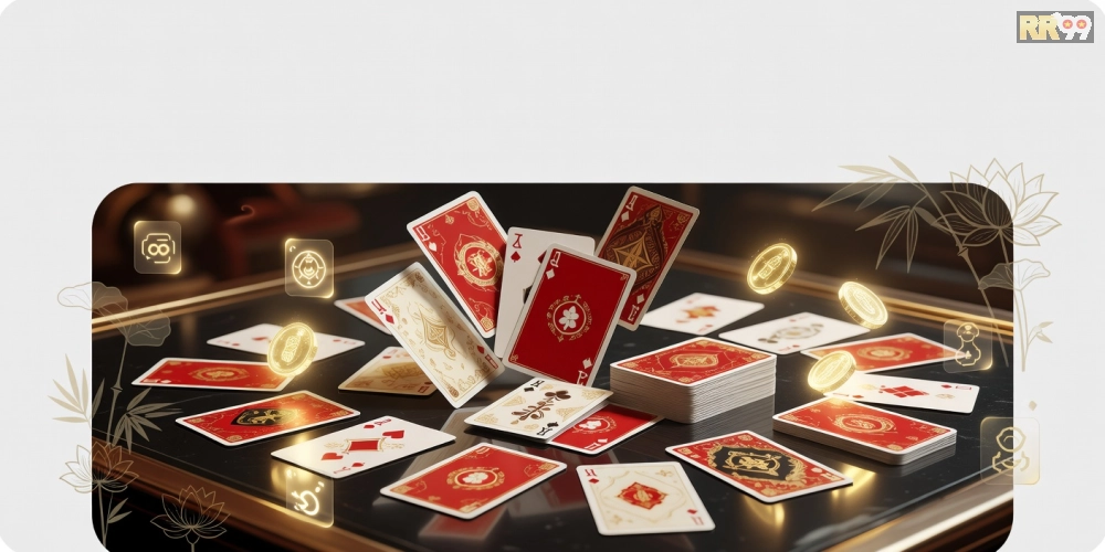 Hình minh họa khái niệm top 10 game bài đổi thưởng rr99 với các lá bài hấp dẫn và phần thưởng.
