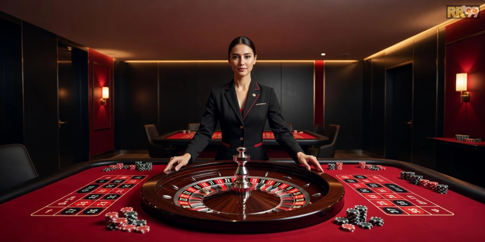 Hình minh họa khái niệm trực tiếp casino rr99 với dealer chuyên nghiệp và bàn chơi hiện đại