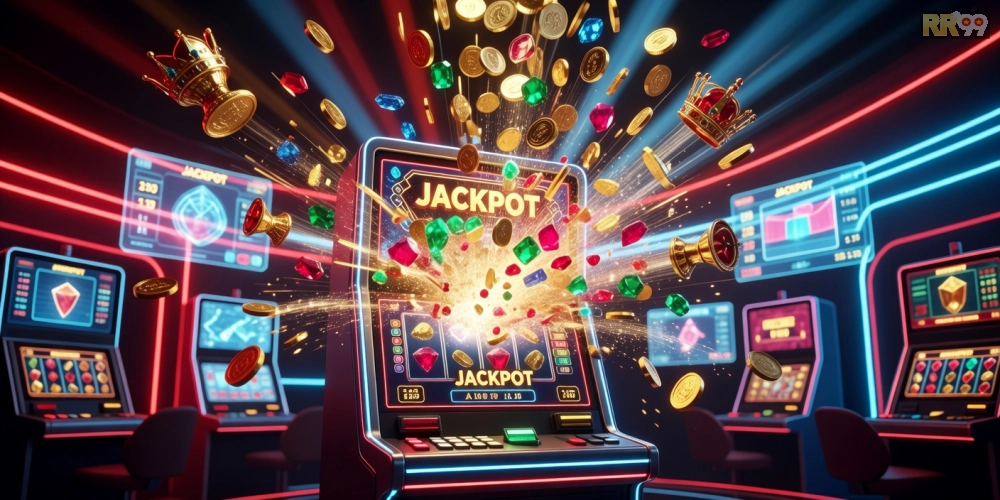 Minh họa khái niệm nổ hũ đổi thưởng rr99 với hình ảnh jackpot sáng rực và phần thưởng hấp dẫn