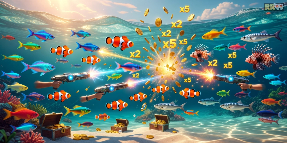 Hình ảnh giao diện Rikvip với các loài cá đa dạng và hiệu ứng bắn súng hấp dẫn