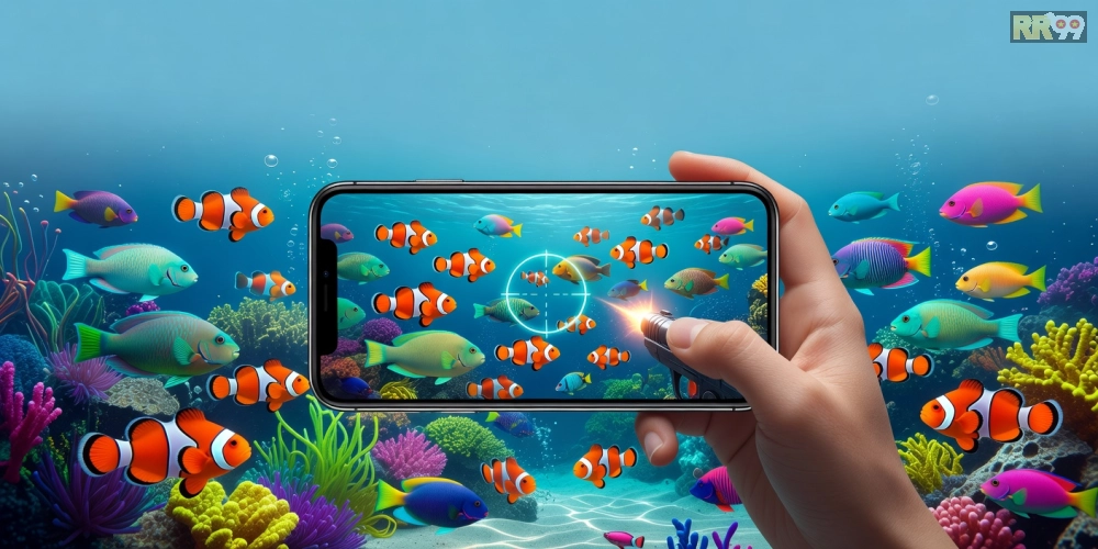 Minh họa khái niệm tải game bắn cá online rr99 với giao diện sống động và cá đa dạng