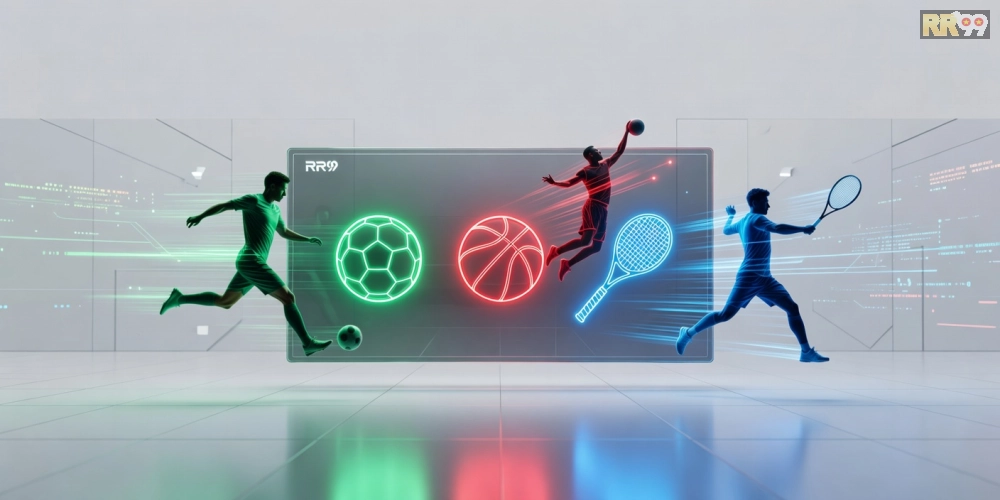 Hình minh họa khái niệm trò chơi thể thao rr99 với giao diện nền tảng hiện đại và các môn thể thao phổ biến