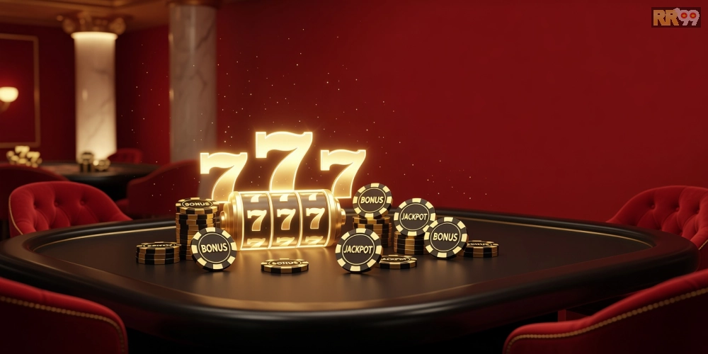 Hình ảnh quảng bá ưu đãi đặc biệt tại Golden RR99 với biểu tượng jackpot và phần thưởng hấp dẫn.