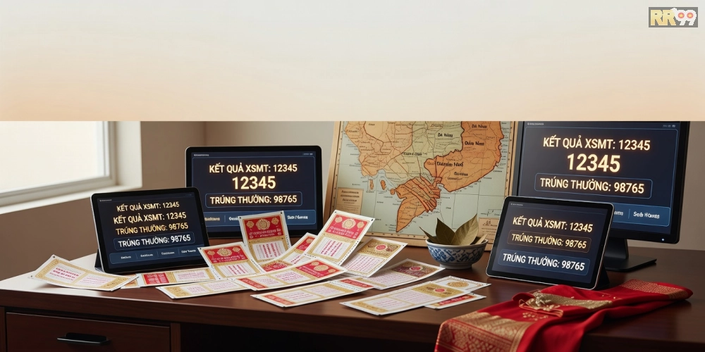 Minh họa khái niệm xổ số miền trung hôm nay rr99 với vé số và màn hình kết quả trực tuyến.